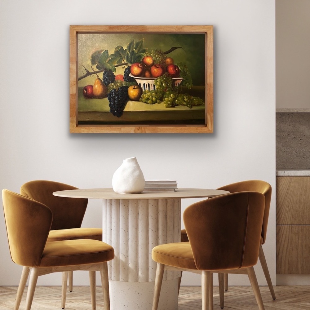 Vintage Still Life Oil Painting Fruit Grapes Pear Basket Unframed Canvas
